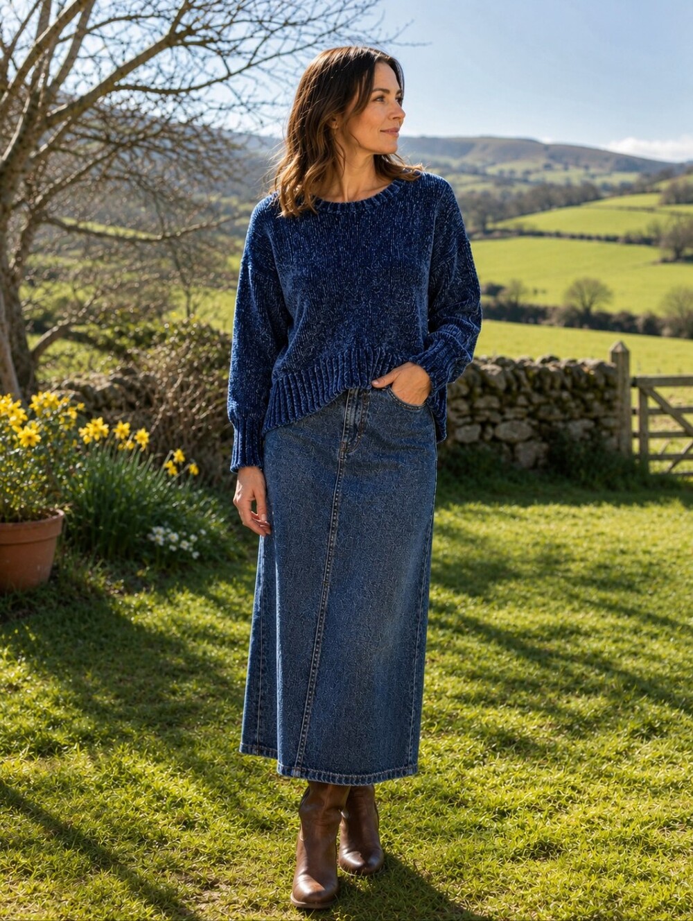 Pink Rose Jewel Blue Chenille Oversized Sweater- Size:XS Fits up to Medium.